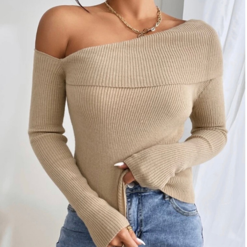 Asymmetrical Off Shoulder Cream Sweater